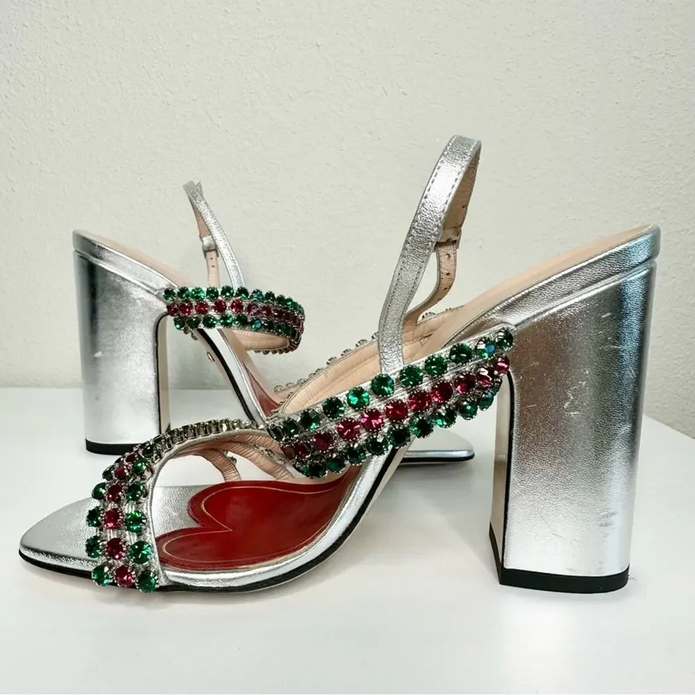 NEW GUCCI Bertie Nappa Leather Crystal Strappy Sandals Size 37 Silver - Picture 8 of 11